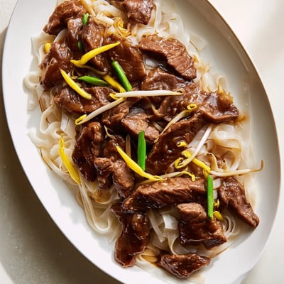 This homemade Beef Chow Fun showcases tender beef strips and caramelized onions in a glossy savory sauce.