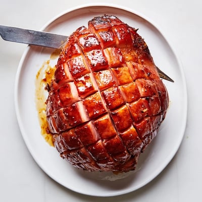 Baked Ham with Maple Dijon Glaze sliced and served alongside roasted vegetables and creamy mashed potatoes.  