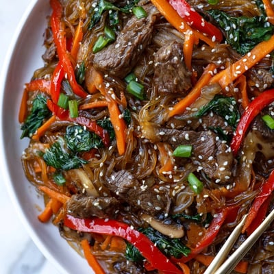A close-up of Korean Beef Noodles in a skillet, garnished with sesame seeds and scallions.