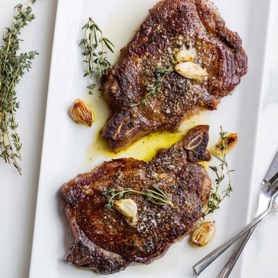 Perfectly seared ribeye steak resting on a wooden board beside roasted potatoes and fresh rosemary sprigs.