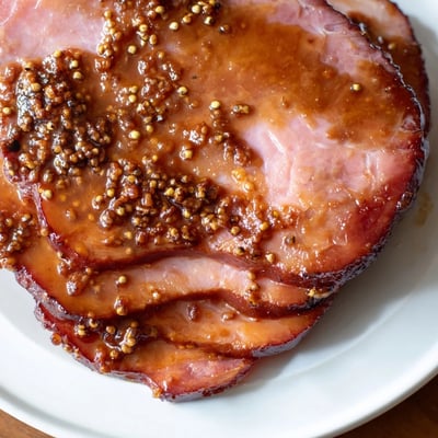 Juicy Brown Sugar Mustard Glazed Ham glistens with sweet and tangy glaze, paired with roasted veggies.