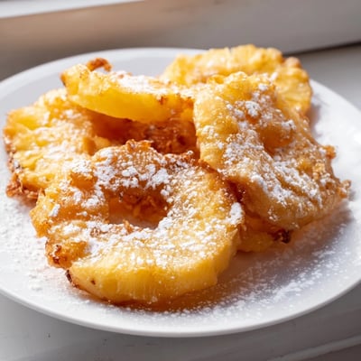 Fried pineapple rings with caramelized edges served warm alongside vanilla bean ice cream