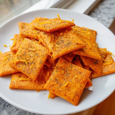 Crunchy baked taco crackers arranged on a rustic wooden serving board