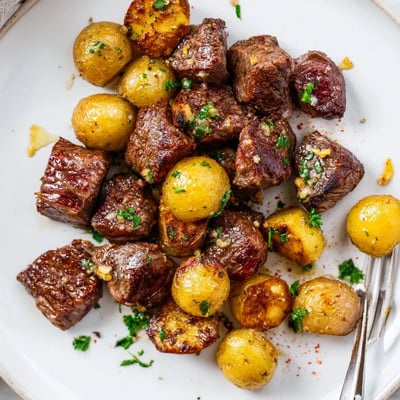 Herb-sprinkled Garlic Steak Bites and Potatoes served hot with crisp green beans