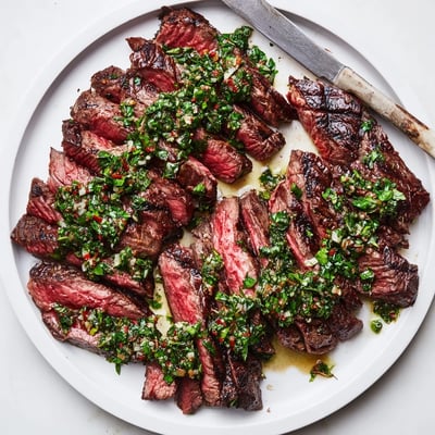 Sliced Chimichurri Steak Recipe resting on cutting board, vibrant green sauce