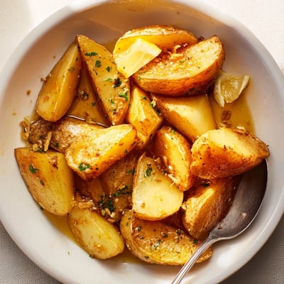 Oven tray of herb-speckled Authentic Greek Lemon Potatoes Recipe, tender inside, golden