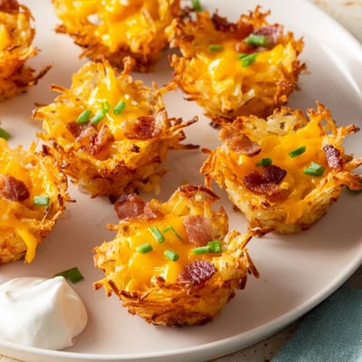 Mini muffin tin filled with cheesy loaded hashbrown bites baking until golden