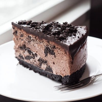 Decadent Oreo chocolate cheesecake topped with rich dark ganache and crushed cookie pieces