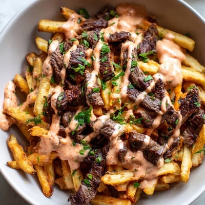 Crispy golden fries topped with seared steak strips and fresh avocado slices