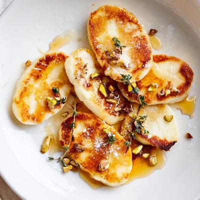 Crispy Honey Halloumi topped with fresh thyme and a sprinkle of black pepper  