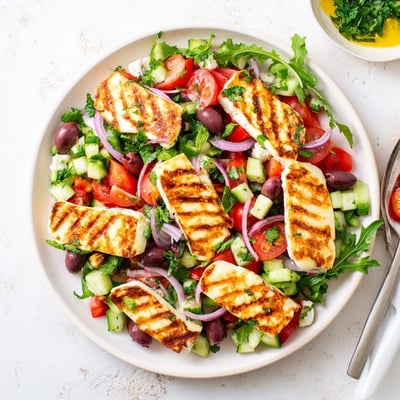 Slices of warm grilled halloumi paired with crisp Mediterranean salad and herbs.